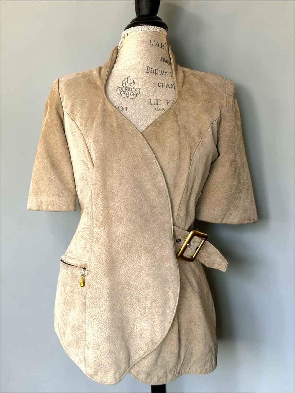 DANIER Suede Leather Wrap Short Sleeved Jacket with Gold Buckle - Tan - S/P